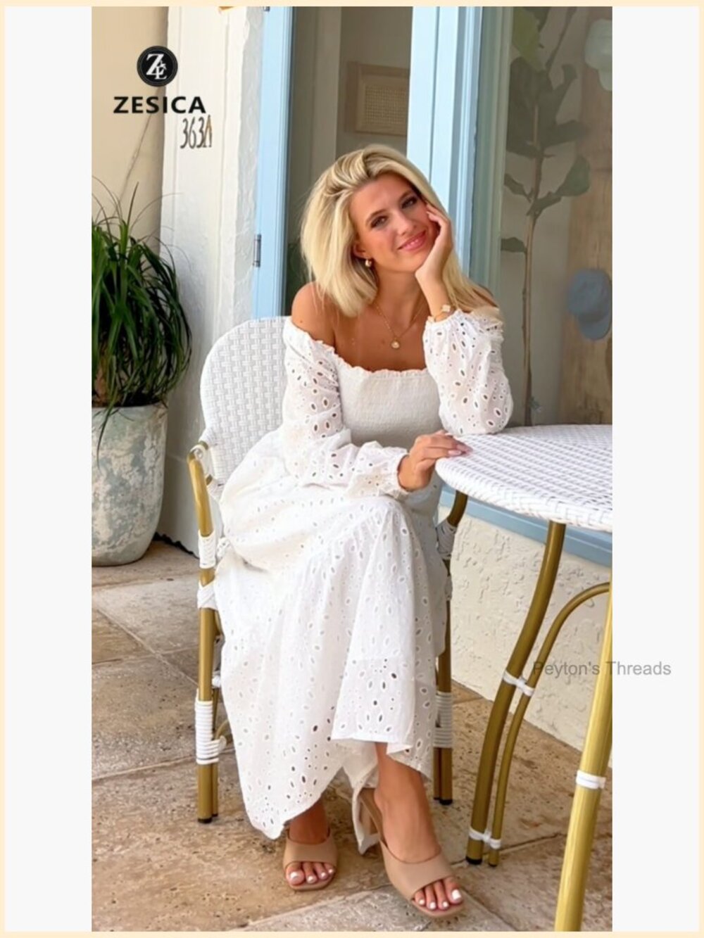 Square Neck Smocked A-Line Maxi Dress with Eyelet Detail - Picture 7 of 7